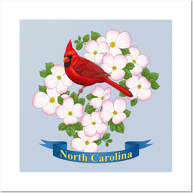 North Carolina State Cardinal Bird & Dogwood Flower Wall Art by csforest